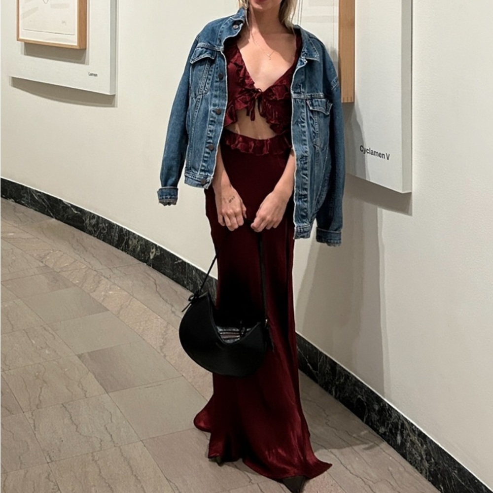 VRG GRL Burgundy Satin Maxi Dress with Ruffle Detail